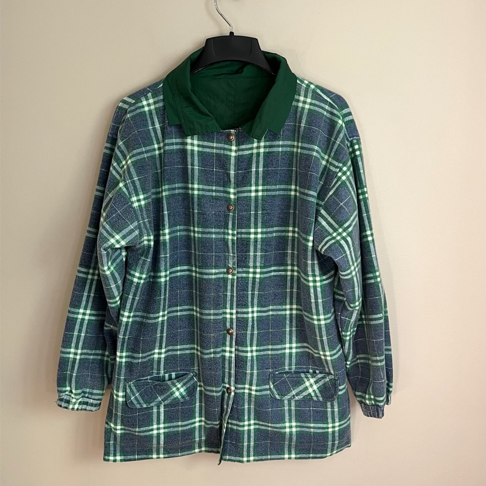 Vintage Reversible Plaid Flannel Green Windbreaker Jacket S Grunge 90s Snap